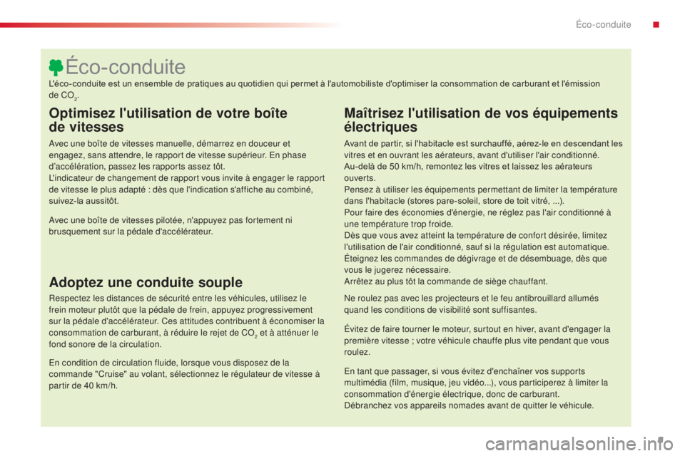 CITROEN C4CACTUS 2016  Notices Demploi (in French) 9
Optimisez l'utilisation de votre boîte 
de
 
vitesses
Avec une boîte de vitesses manuelle, démarrez en douceur et 
engagez, sans attendre, le rapport de vitesse supérieur. En phase 
d’acc�