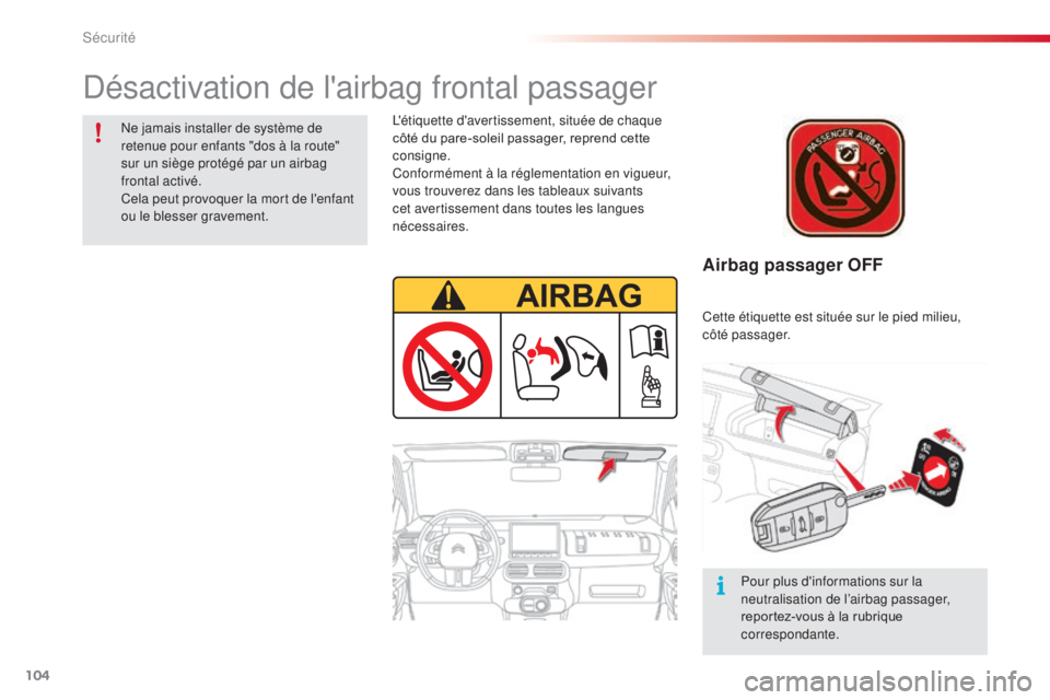 CITROEN C4CACTUS 2016  Notices Demploi (in French) 104
Airbag passager OFF
L'étiquette d'avertissement, située de chaque 
côté du pare-soleil passager, reprend cette 
consigne.
Conformément à la réglementation en vigueur, 
vous trouvere