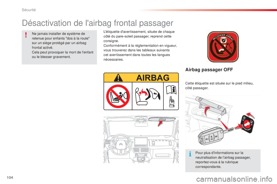 CITROEN C4CACTUS 2016 Notices Demploi (in French) 104
Airbag passager OFF
L'étiquette d'avertissement, située de chaque
côté du pare-soleil passager, reprend cette
consigne.
Conformément à la réglementation en vigueur,
vous trouvere CITROEN C4CACTUS 2016 Notices Demploi (in French) 104
Airbag passager OFF
L'étiquette d'avertissement, située de chaque
côté du pare-soleil passager, reprend cette
consigne.
Conformément à la réglementation en vigueur,
vous trouvere