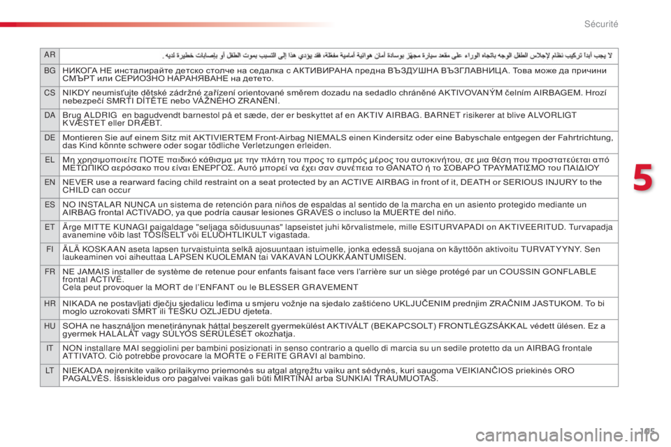 CITROEN C4CACTUS 2016 Notices Demploi (in French) 105
AR
BG
НИКОГА НЕ инсталирайте детско столче на седалка с АКТИВИРАНА предна ВЪЗДУШНА ВЪЗГЛАВНИЦ А. Това може да CITROEN C4CACTUS 2016 Notices Demploi (in French) 105
AR
BG
НИКОГА НЕ инсталирайте детско столче на седалка с АКТИВИРАНА предна ВЪЗДУШНА ВЪЗГЛАВНИЦ А. Това може да