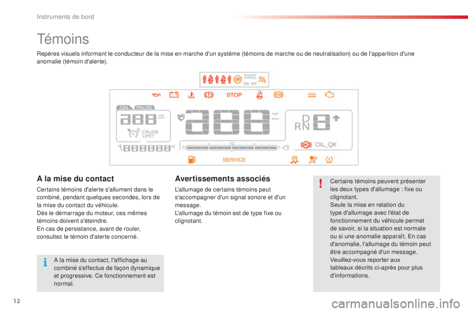 CITROEN C4CACTUS 2016  Notices Demploi (in French) 12
Témoins
Certains témoins peuvent présenter 
les deux types d'allumage : fixe ou 
clignotant.
Seule la mise en relation du 
type d'allumage avec l'état de 
fonctionnement du véhicul