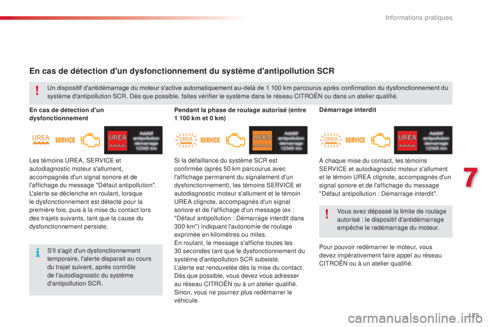 CITROEN C4CACTUS 2016 Notices Demploi (in French) 175
En cas de détection d'un dysfonctionnement du système d'antipollution SCR
En cas de détection d'un
dysfonctionnementPendant la phase de roulage autorisé (entre
1
100 km et 0 CITROEN C4CACTUS 2016 Notices Demploi (in French) 175
En cas de détection d'un dysfonctionnement du système d'antipollution SCR
En cas de détection d'un
dysfonctionnementPendant la phase de roulage autorisé (entre
1
100 km et 0