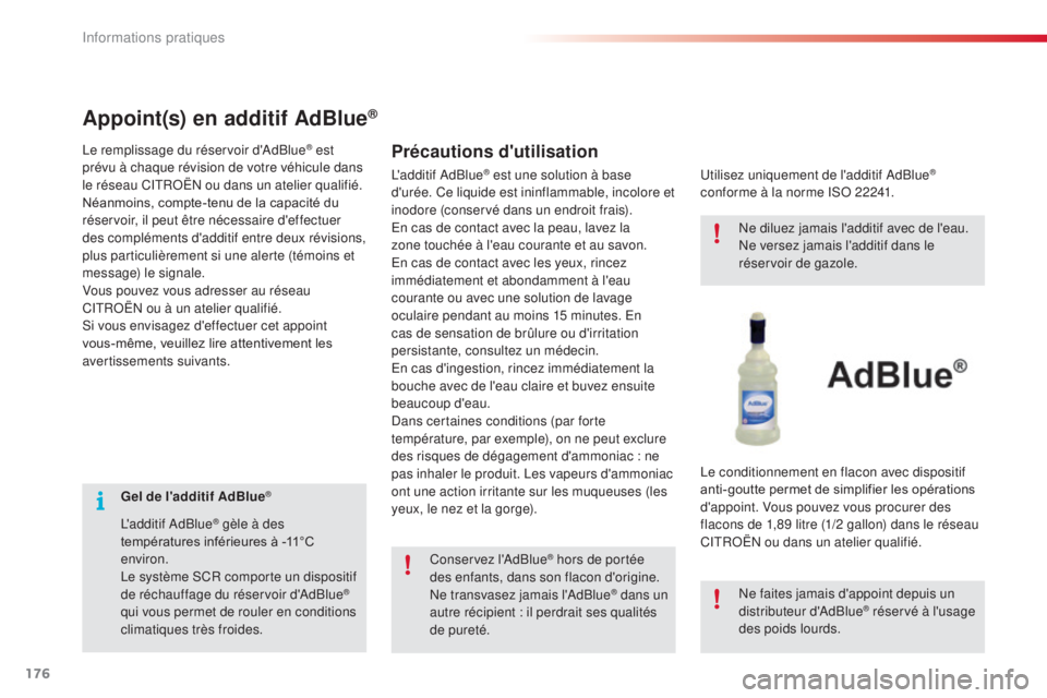 CITROEN C4CACTUS 2016 Notices Demploi (in French) 176
Gel de l'additif AdBlue®
L'additif AdBlue® gèle à des
températures inférieures à -11°C
environ.
Le système SCR comporte un dispositif
de réchauffage du réservoir d'AdBlue CITROEN C4CACTUS 2016 Notices Demploi (in French) 176
Gel de l'additif AdBlue®
L'additif AdBlue® gèle à des
températures inférieures à -11°C
environ.
Le système SCR comporte un dispositif
de réchauffage du réservoir d'AdBlue