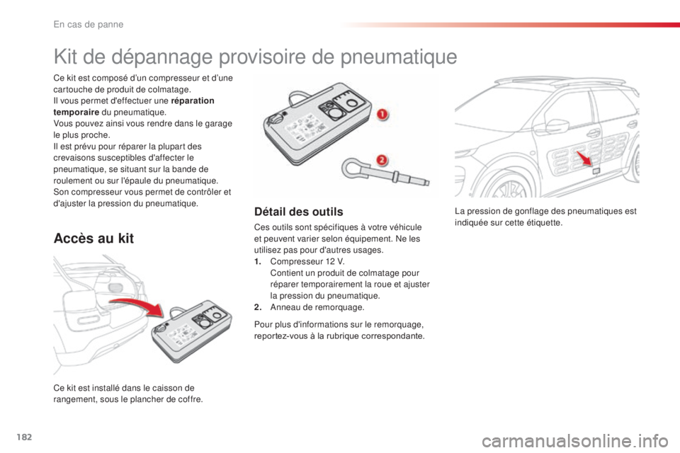 CITROEN C4CACTUS 2016 Notices Demploi (in French) 182
La pression de gonflage des pneumatiques est
indiquée sur cette étiquette.
Ce kit est installé dans le caisson de
rangement, sous le plancher de coffre. Ce kit est composé d’un compresseur CITROEN C4CACTUS 2016 Notices Demploi (in French) 182
La pression de gonflage des pneumatiques est
indiquée sur cette étiquette.
Ce kit est installé dans le caisson de
rangement, sous le plancher de coffre. Ce kit est composé d’un compresseur