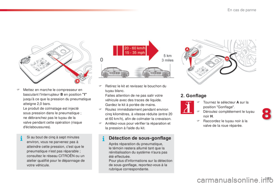 CITROEN C4CACTUS 2016 Notices Demploi (in French) 185
F Mettez en marche le compresseur en basculant l'interrupteur B en position "I"
jusqu’à ce que la pression du pneumatique
atteigne 2,0 bars.
L
e produit de colmatage est inject CITROEN C4CACTUS 2016 Notices Demploi (in French) 185
F Mettez en marche le compresseur en basculant l'interrupteur B en position "I"
jusqu’à ce que la pression du pneumatique
atteigne 2,0 bars.
L
e produit de colmatage est inject