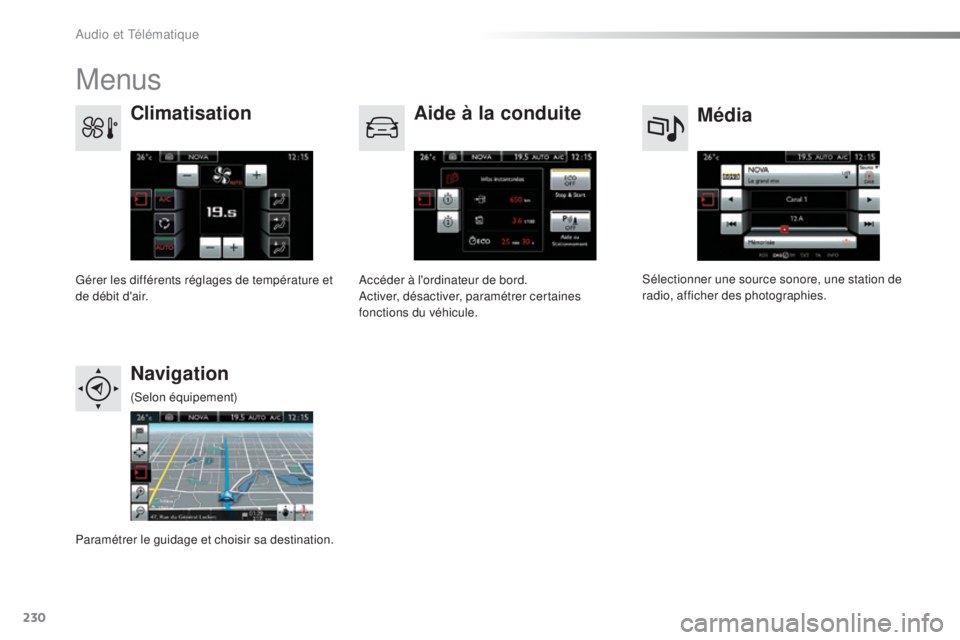 CITROEN C4CACTUS 2016  Notices Demploi (in French) 230
Menus
Média
Climatisation
Aide à la conduite
Navigation
Sélectionner une source sonore, une station de 
radio, afficher des photographies.
Gérer les différents réglages de température et 
d