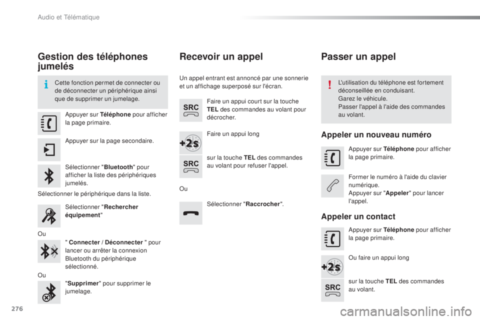 CITROEN C4CACTUS 2016  Notices Demploi (in French) 276
Gestion des téléphones 
jumelés
Cette fonction permet de connecter ou 
de déconnecter un périphérique ainsi 
que de supprimer un jumelage.L'utilisation du téléphone est fortement 
déc