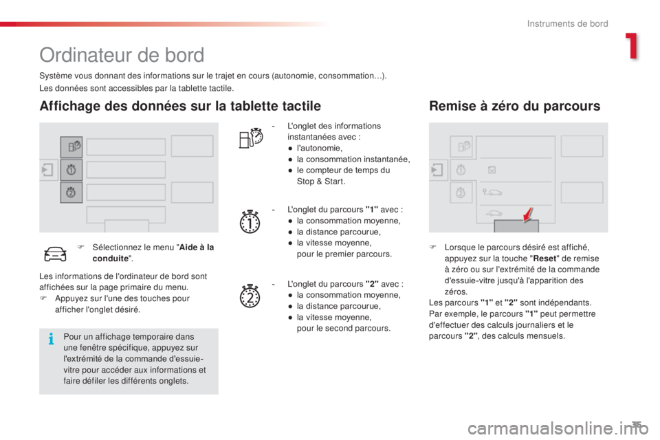 CITROEN C4CACTUS 2016  Notices Demploi (in French) 35
Ordinateur de bord
Système vous donnant des informations sur le trajet en cours (autonomie, consommation…).
Affichage des données sur la tablette tactile
F Sélectionnez le menu "Aide à la