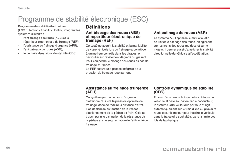 CITROEN C4CACTUS 2016  Notices Demploi (in French) 90
Programme de stabilité électronique  
(ESC : Electronic Stability Control) intégrant les 
systèmes suivants :
- 
l
 'antiblocage des roues (ABS) et le 
répartiteur électronique de freinag