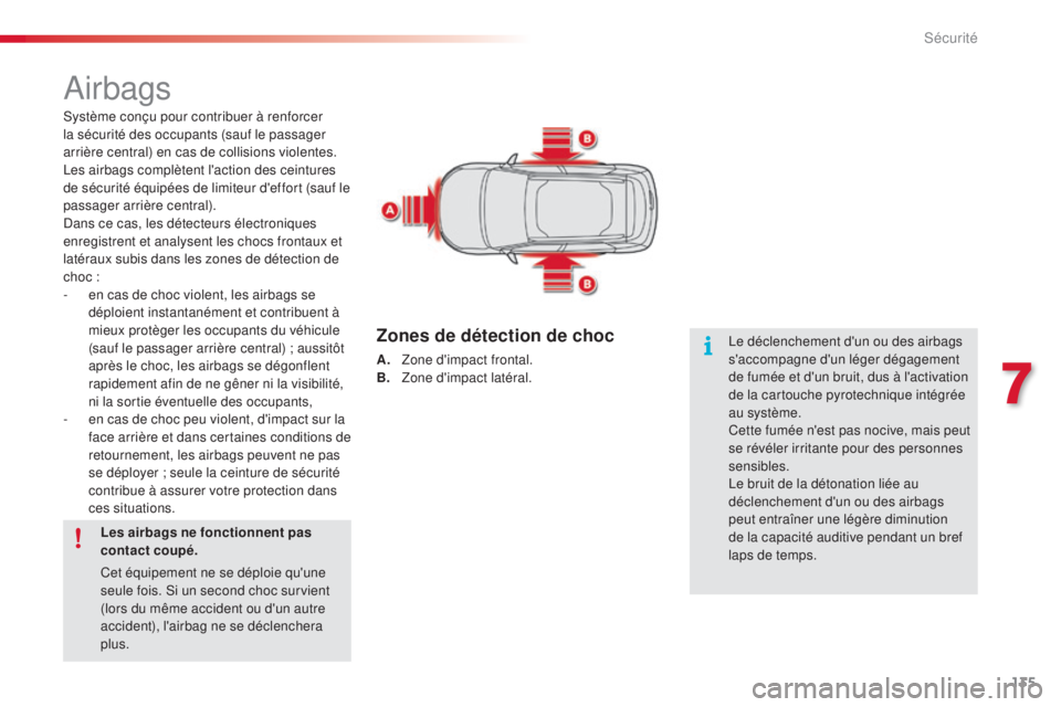 CITROEN C4CACTUS 2015 Notices Demploi (in French) 135
airbags
système conçu pour contribuer à renforcer
la sécurité des occupants (sauf le passager
arrière central) en cas de collisions violentes.
le
s airbags complètent l'action des ce CITROEN C4CACTUS 2015 Notices Demploi (in French) 135
airbags
système conçu pour contribuer à renforcer
la sécurité des occupants (sauf le passager
arrière central) en cas de collisions violentes.
le
s airbags complètent l'action des ce