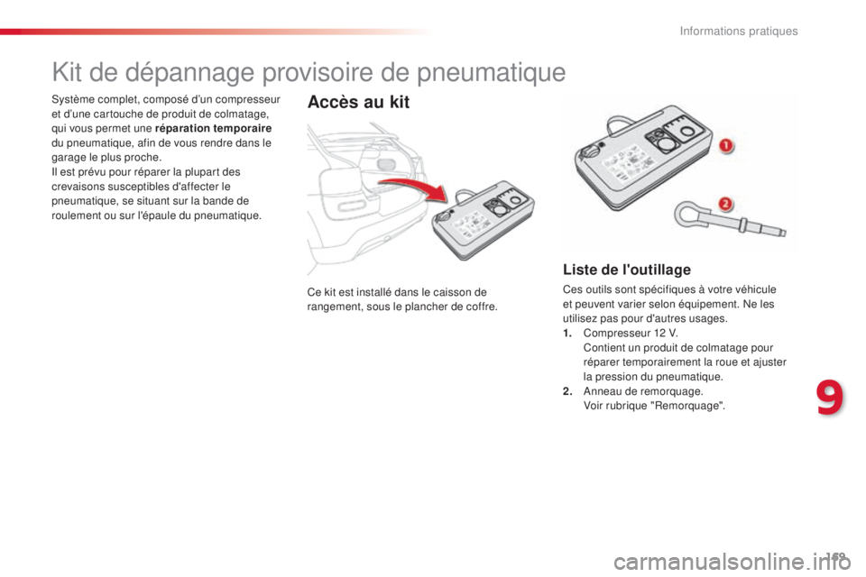 CITROEN C4CACTUS 2015 Notices Demploi (in French) 169
Ce kit est installé dans le caisson de
rangement, sous le plancher de coffre.
sy
stème complet, composé d’un compresseur
et d’une cartouche de produit de colmatage,
qui vous permet une CITROEN C4CACTUS 2015 Notices Demploi (in French) 169
Ce kit est installé dans le caisson de
rangement, sous le plancher de coffre.
sy
stème complet, composé d’un compresseur
et d’une cartouche de produit de colmatage,
qui vous permet une