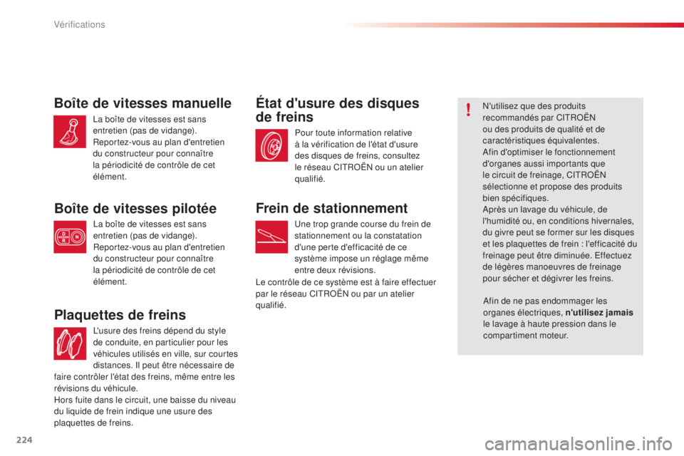 CITROEN C4CACTUS 2015 Notices Demploi (in French) 224
l'usure des freins dépend du style
de conduite, en particulier pour les
véhicules utilisés en ville, sur courtes
distances. i
l p
eut être nécessaire de
Plaquettes de freins
Pour tou CITROEN C4CACTUS 2015 Notices Demploi (in French) 224
l'usure des freins dépend du style
de conduite, en particulier pour les
véhicules utilisés en ville, sur courtes
distances. i
l p
eut être nécessaire de
Plaquettes de freins
Pour tou