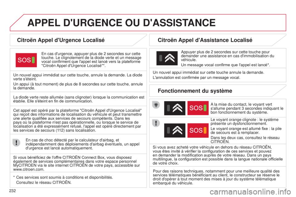 CITROEN C4CACTUS 2015 Notices Demploi (in French) 232
APPEL D ' URGENCE OU D ' ASSISTANCE
Citroën Appel d'Urgence Localisé
en cas d'urgence, appuyer plus de 2 secondes sur cette
touche. l e clignotement de la diode verte et un CITROEN C4CACTUS 2015 Notices Demploi (in French) 232
APPEL D ' URGENCE OU D ' ASSISTANCE
Citroën Appel d'Urgence Localisé
en cas d'urgence, appuyer plus de 2 secondes sur cette
touche. l e clignotement de la diode verte et un