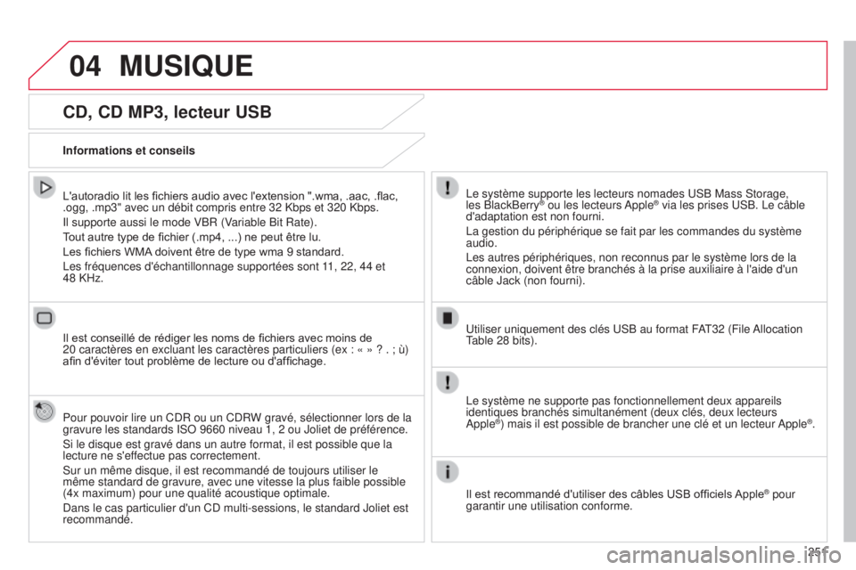 CITROEN C4CACTUS 2015 Notices Demploi (in French) 04
251
CD, CD MP3, lecteur USB
L'autoradio lit les fichiers audio avec l'extension ".wma, .aac, .flac,
.ogg, .mp3" avec un débit compris entre 32 Kbps et 320 Kbps.
i
l supporte aussi CITROEN C4CACTUS 2015 Notices Demploi (in French) 04
251
CD, CD MP3, lecteur USB
L'autoradio lit les fichiers audio avec l'extension ".wma, .aac, .flac,
.ogg, .mp3" avec un débit compris entre 32 Kbps et 320 Kbps.
i
l supporte aussi