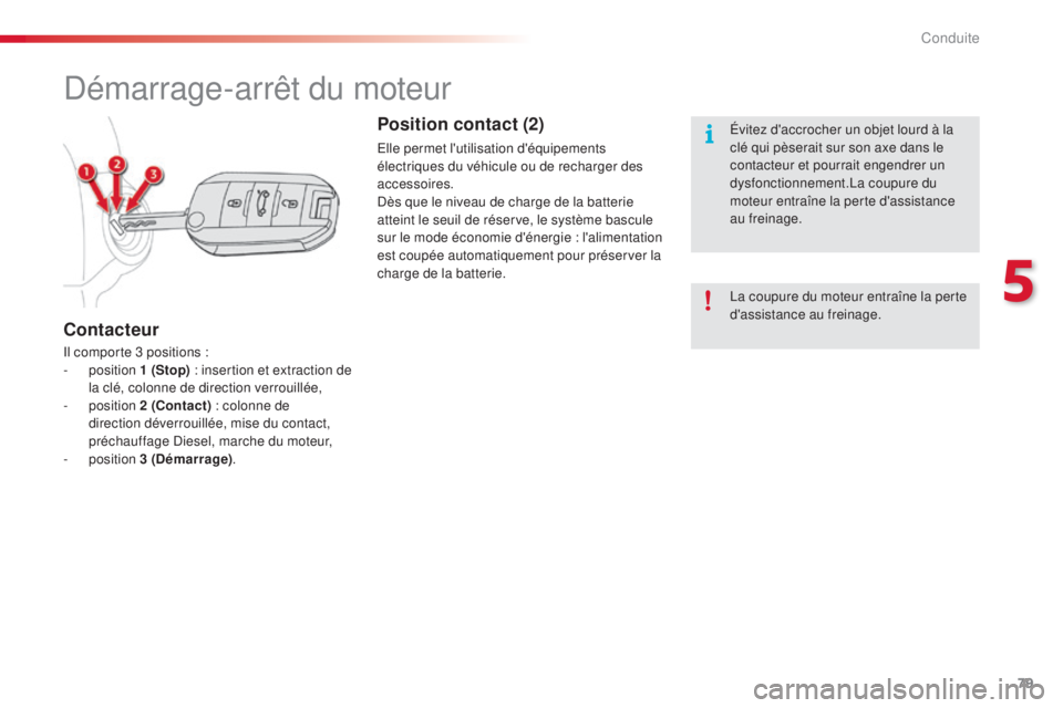 CITROEN C4CACTUS 2015  Notices Demploi (in French) 79
démarrage-arrêt du moteur
il comporte 3 positions :
-  position  1 (Stop) : insertion et extraction de 
la clé, colonne de direction verrouillée,
-
  position  2 (Contact)  : colonne de 
direct