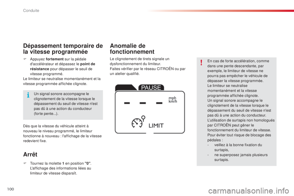 CITROEN C4CACTUS 2014  Notices Demploi (in French) 100
En cas de forte accélération, comme 
dans une pente descendante, par 
exemple, le limiteur de vitesse ne 
pourra pas empêcher le véhicule de 
dépasser la vitesse programmée.
Le limiteur se n