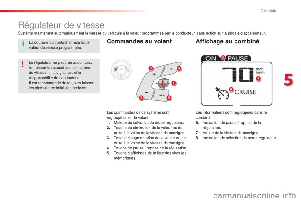 CITROEN C4CACTUS 2014  Notices Demploi (in French) 101
Commandes au volant
Les informations sont regroupées dans le 
combiné.
6.
 I
ndication de pause / reprise de la 
régulation.
7.
 V

aleur de la vitesse de consigne.
8.
 In

dication de sélecti