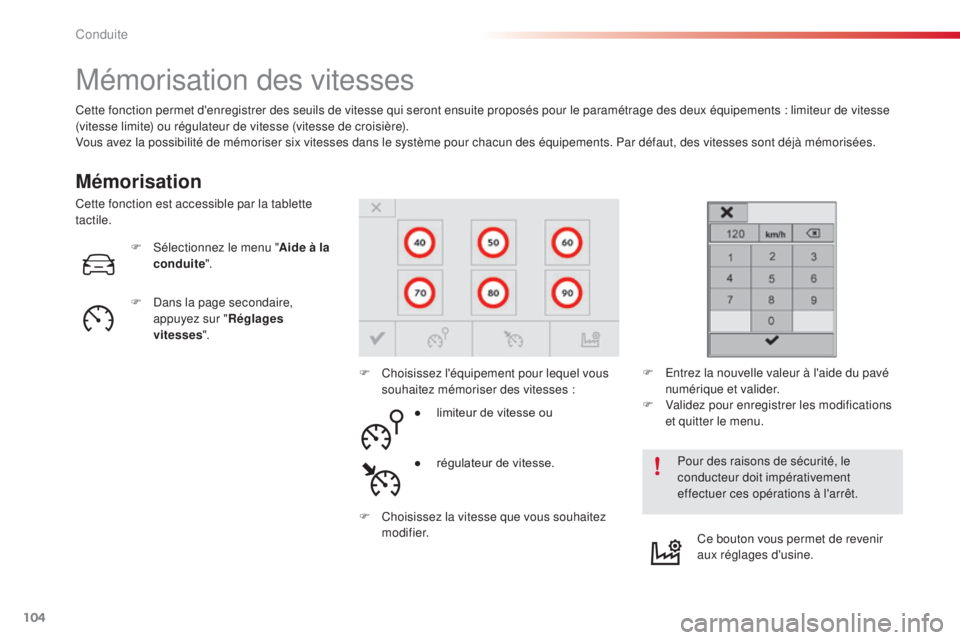 CITROEN C4CACTUS 2014  Notices Demploi (in French) 104
Mémorisation des vitesses
Mémorisation
Cette fonction permet d'enregistrer des seuils de vitesse qui seront ensuite proposés pour le paramétrage des deux équipements : limiteur de vitesse