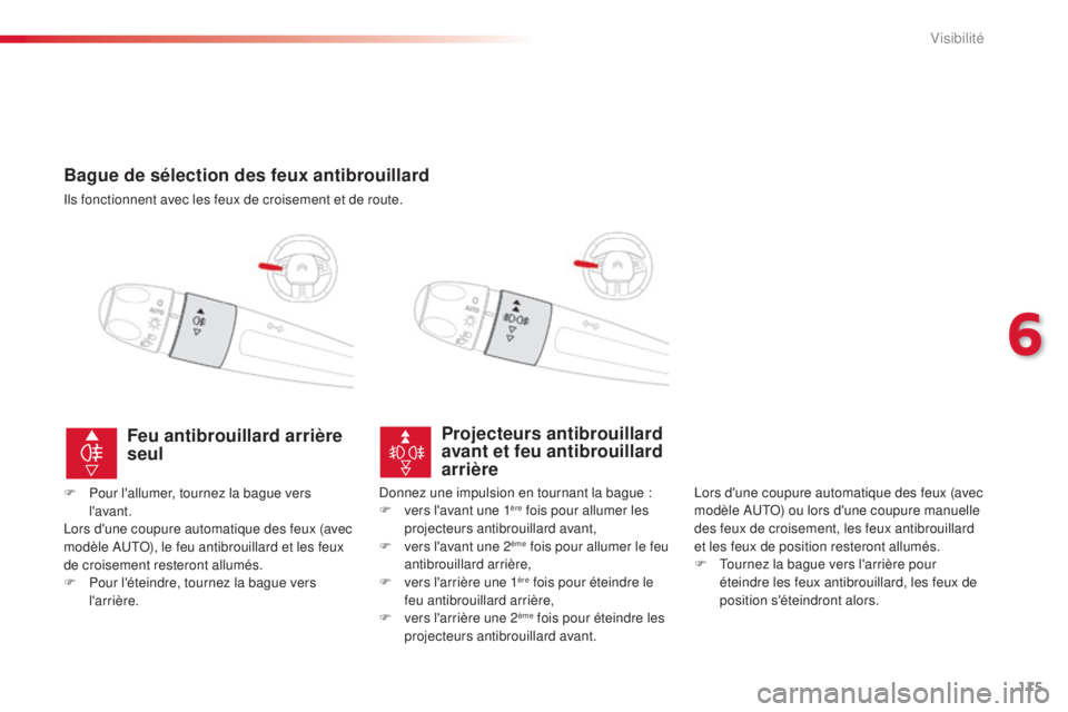 CITROEN C4CACTUS 2014  Notices Demploi (in French) 115
Bague de sélection des feux antibrouillard
Ils fonctionnent avec les feux de croisement et de route.
Projecteurs antibrouillard 
avant et feu antibrouillard 
arrière
Lors d'une coupure autom