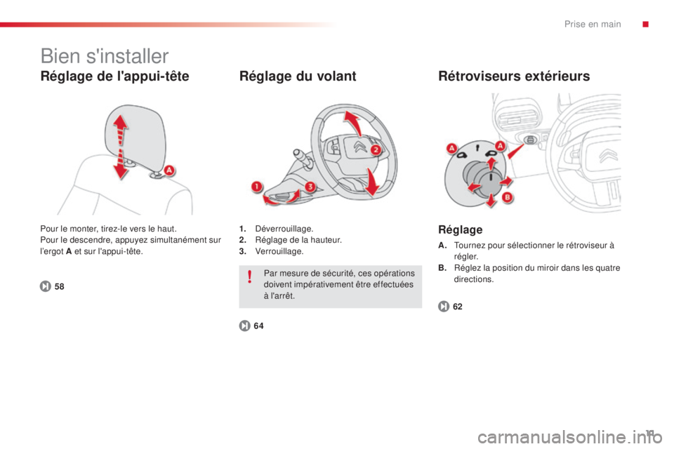 CITROEN C4CACTUS 2014  Notices Demploi (in French) 11
E3_fr_Chap00b_prise-en-main_ed01-2014
Bien s'installer
Réglage de l'appui-tête
Pour le monter, tirez-le vers le haut.
Pour le descendre, appuyez simultanément sur 
l’ergot A et sur l&#