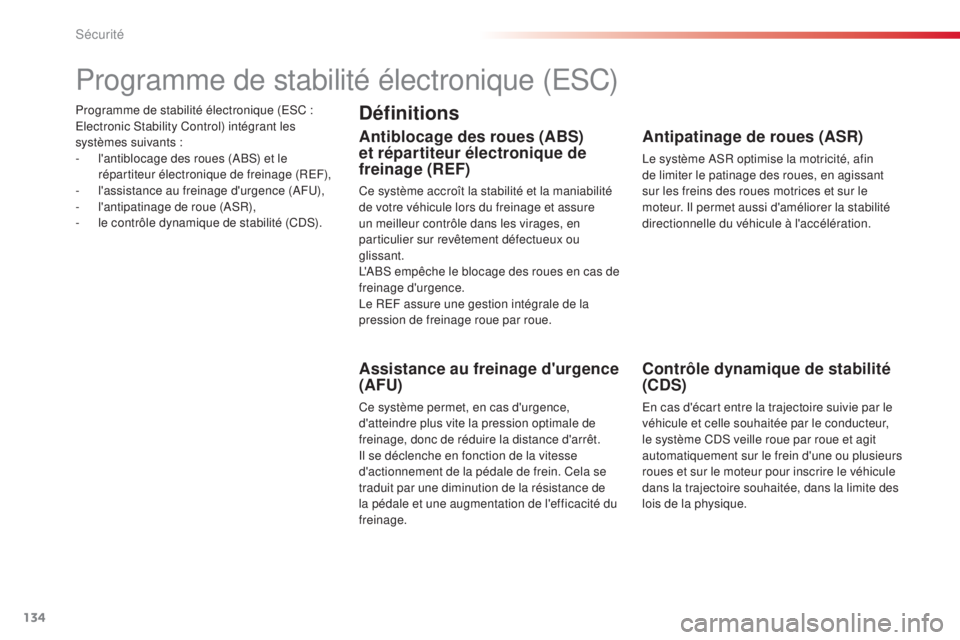 CITROEN C4CACTUS 2014 Notices Demploi (in French) 134
Programme de stabilité électronique (ESC :
E lectronic Stability Control) intégrant les
systèmes suivants
:
-
l
'antiblocage des roues (ABS) et le
répartiteur électronique de fre CITROEN C4CACTUS 2014 Notices Demploi (in French) 134
Programme de stabilité électronique (ESC :
E lectronic Stability Control) intégrant les
systèmes suivants
:
-
l
'antiblocage des roues (ABS) et le
répartiteur électronique de fre
