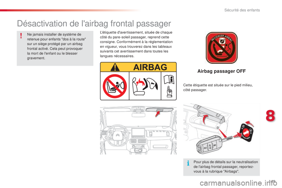 CITROEN C4CACTUS 2014  Notices Demploi (in French) 149
Airbag passager OFF
L'étiquette d'avertissement, située de chaque 
côté du pare-soleil passager, reprend cette 
consigne. Conformément à la réglementation 
en vigueur, vous trouvere