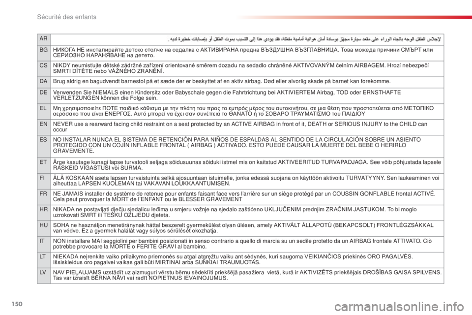 CITROEN C4CACTUS 2014  Notices Demploi (in French) 150
AR
BGНИКОГА НЕ инсталирайте детско столче на седалка с АКТИВИРАНА предна ВЪЗДУШНА ВЪЗГЛАВНИЦ А. Това можеда 