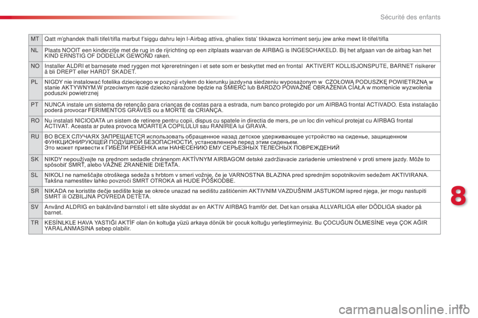 CITROEN C4CACTUS 2014  Notices Demploi (in French) 151
MTQatt m’ghandek thalli tifel/tifla marbut f’siggu dahru lejn l-Airbag attiva, ghaliex tista’ tikkawza korriment serju jew anke mewt lit-tifel/tifla
NL Plaats NOOIT een kinderzitje met de ru