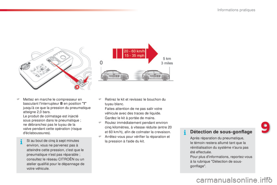 CITROEN C4CACTUS 2014 Notices Demploi (in French) 177
F Mettez en marche le compresseur en basculant l'interrupteur B en position "I"
jusqu’à ce que la pression du pneumatique
atteigne 2,0 bars.
L
e produit de colmatage est inject CITROEN C4CACTUS 2014 Notices Demploi (in French) 177
F Mettez en marche le compresseur en basculant l'interrupteur B en position "I"
jusqu’à ce que la pression du pneumatique
atteigne 2,0 bars.
L
e produit de colmatage est inject
