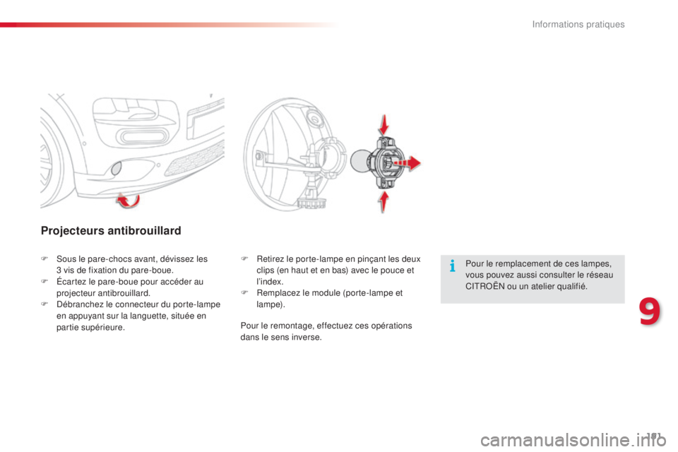 CITROEN C4CACTUS 2014 Notices Demploi (in French) 191
Projecteurs antibrouillard
Pour le remplacement de ces lampes,
vous pouvez aussi consulter le réseau
CITROËN ou un atelier qualifié.
F
S
ous le pare-chocs avant, dévissez les
3
vis de fi CITROEN C4CACTUS 2014 Notices Demploi (in French) 191
Projecteurs antibrouillard
Pour le remplacement de ces lampes,
vous pouvez aussi consulter le réseau
CITROËN ou un atelier qualifié.
F
S
ous le pare-chocs avant, dévissez les
3
vis de fi
