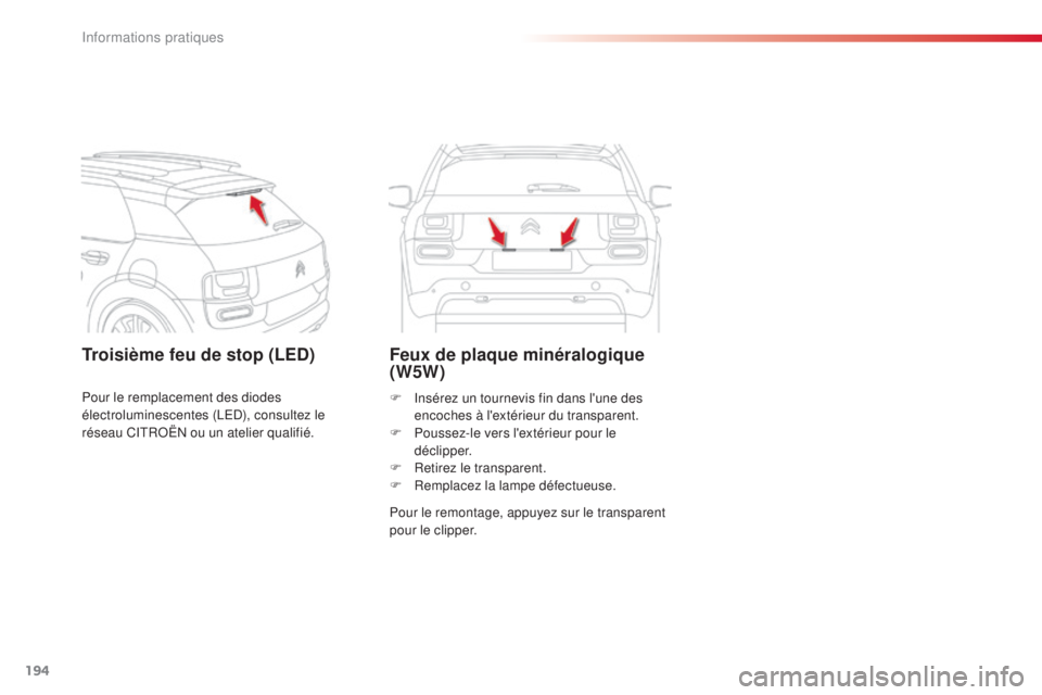 CITROEN C4CACTUS 2014 Notices Demploi (in French) 194
Troisième feu de stop (LED)Feux de plaque minéralogique
(W5W)
Pour le remontage, appuyez sur le transparent
pour le clipper. F
I
nsérez un tournevis fin dans l'une des
encoches à l CITROEN C4CACTUS 2014 Notices Demploi (in French) 194
Troisième feu de stop (LED)Feux de plaque minéralogique
(W5W)
Pour le remontage, appuyez sur le transparent
pour le clipper. F
I
nsérez un tournevis fin dans l'une des
encoches à l