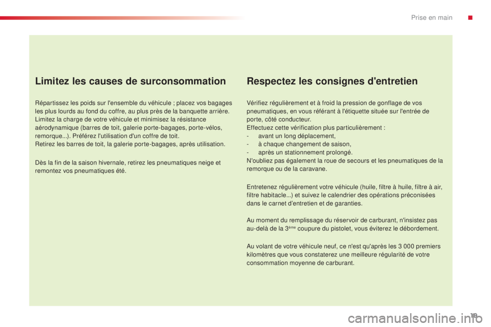 CITROEN C4CACTUS 2014 Notices Demploi (in French) 19
E3_fr_Chap00b_prise-en-main_ed01-2014
Limitez les causes de surconsommation
Répartissez les poids sur l'ensemble du véhicule ; placez vos bagages
les plus lourds au fond du coffre, au plus p CITROEN C4CACTUS 2014 Notices Demploi (in French) 19
E3_fr_Chap00b_prise-en-main_ed01-2014
Limitez les causes de surconsommation
Répartissez les poids sur l'ensemble du véhicule ; placez vos bagages
les plus lourds au fond du coffre, au plus p