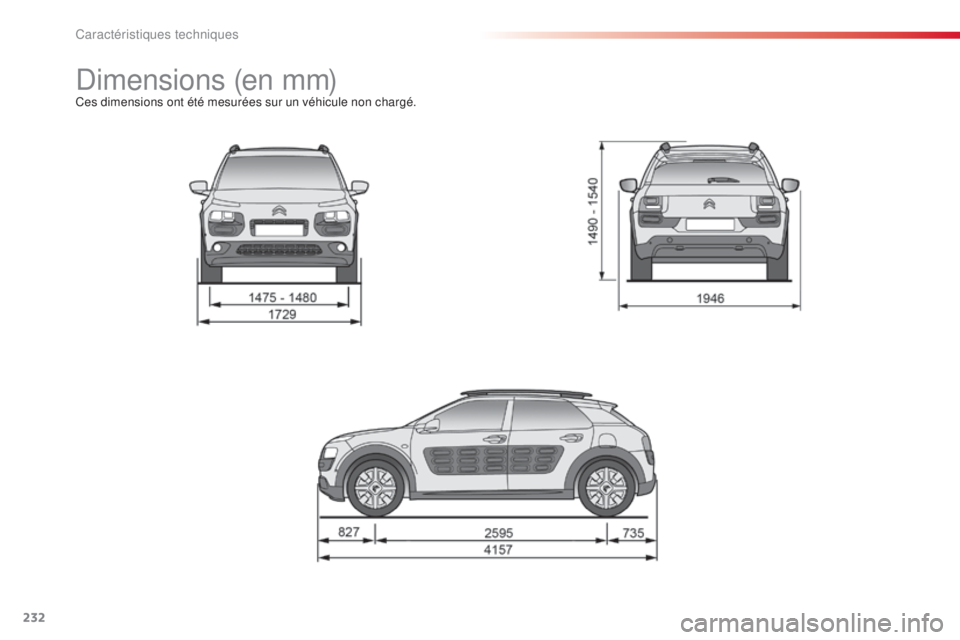 CITROEN C4CACTUS 2014 Notices Demploi (in French) 232
Dimensions (en mm)Ces dimensions ont été mesurées sur un véhicule non chargé.
Caractéristiques techniques CITROEN C4CACTUS 2014 Notices Demploi (in French) 232
Dimensions (en mm)Ces dimensions ont été mesurées sur un véhicule non chargé.
Caractéristiques techniques