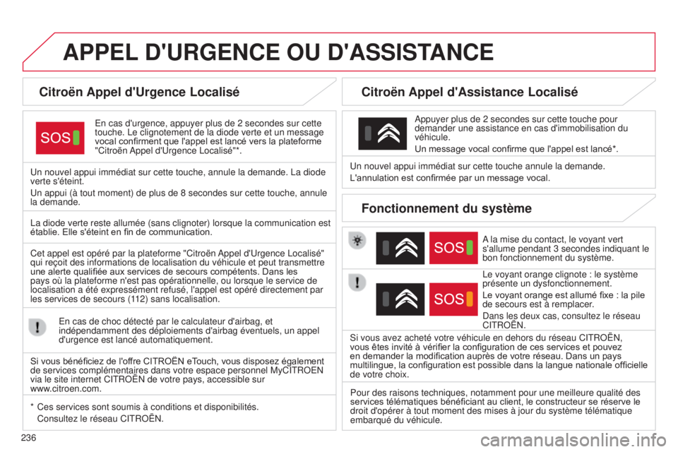 CITROEN C4CACTUS 2014 Notices Demploi (in French) 236
APPEL D ' URGENCE OU D ' ASSISTANCE
Citroën Appel d'Urgence Localisé
En cas d'urgence, appuyer plus de 2 secondes sur cette
touche. Le clignotement de la diode verte et un m CITROEN C4CACTUS 2014 Notices Demploi (in French) 236
APPEL D ' URGENCE OU D ' ASSISTANCE
Citroën Appel d'Urgence Localisé
En cas d'urgence, appuyer plus de 2 secondes sur cette
touche. Le clignotement de la diode verte et un m