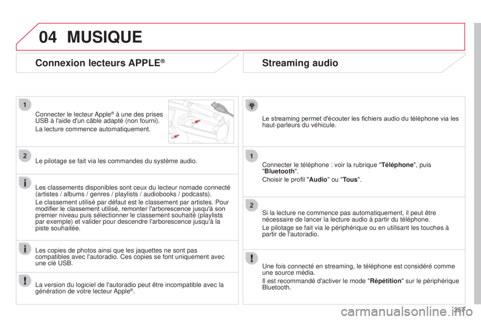 CITROEN C4CACTUS 2014  Notices Demploi (in French) 04
257
Streaming audio
Le streaming permet d'écouter les fichiers audio du téléphone via les 
haut-parleurs du véhicule.
Connecter le téléphone  : voir la rubrique "Téléphone", pui