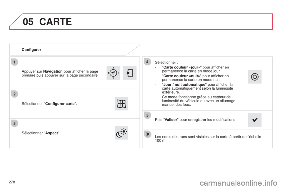 CITROEN C4CACTUS 2014 Notices Demploi (in French) 05
Les noms des rues sont visibles sur la carte à partir de l'échelle\
100 m.
Configurer
Sélectionner "
Aspect". Sélectionner :
- "Carte couleur «jour»" pour afficher e CITROEN C4CACTUS 2014 Notices Demploi (in French) 05
Les noms des rues sont visibles sur la carte à partir de l'échelle\
100 m.
Configurer
Sélectionner "
Aspect". Sélectionner :
- "Carte couleur «jour»" pour afficher e