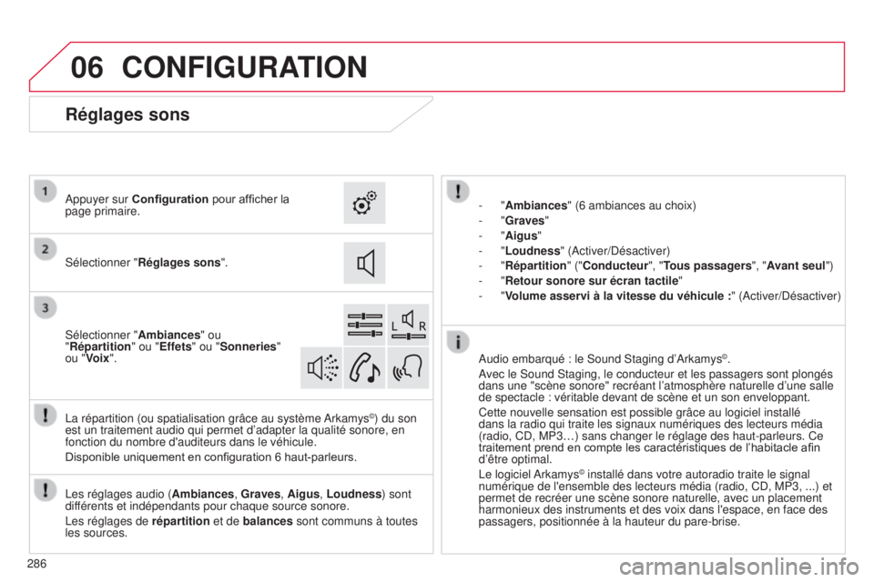 CITROEN C4CACTUS 2014 Notices Demploi (in French) 06
286
CONFIGURATION
- "Ambiances" (6 ambiances au choix)
- "Graves "
-
"Aigus"
-
"Loudness" (Activer/Désactiver)
-
"Répartition" ("Conducteur" CITROEN C4CACTUS 2014 Notices Demploi (in French) 06
286
CONFIGURATION
- "Ambiances" (6 ambiances au choix)
- "Graves "
-
"Aigus"
-
"Loudness" (Activer/Désactiver)
-
"Répartition" ("Conducteur"