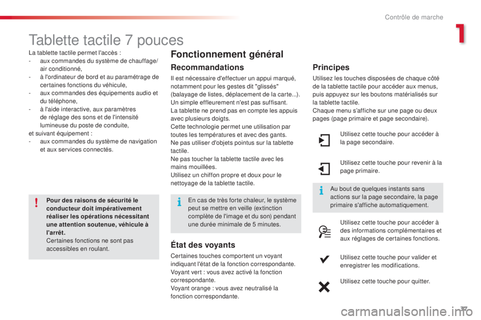 CITROEN C4CACTUS 2014  Notices Demploi (in French) 37
Tablette tactile 7 pouces
La tablette tactile permet l'accès :
-  a ux commandes du système de chauffage/
air conditionné,
-
 
à l
 'ordinateur de bord et au paramétrage de 
certaines 