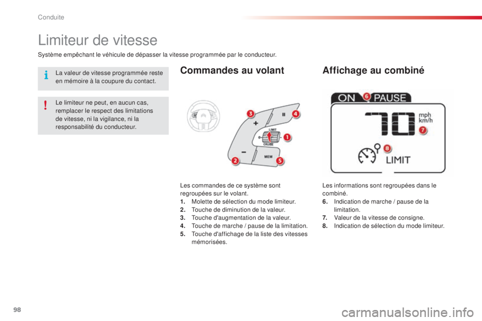 CITROEN C4CACTUS 2014  Notices Demploi (in French) 98
Commandes au volant
Les informations sont regroupées dans le 
combiné.
6.
 I
ndication de marche / pause de la 
limitation.
7.
 V

aleur de la vitesse de consigne.
8.
 I

ndication de sélection 