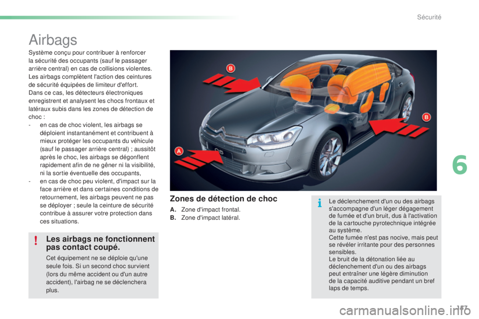 CITROEN C5 2016 Notices Demploi (in French) 157
airbags
système conçu pour contribuer à renforcer
la sécurité des occupants (sauf le passager
arrière central) en cas de collisions violentes.
le
s airbags complètent l'action des ce CITROEN C5 2016 Notices Demploi (in French) 157
airbags
système conçu pour contribuer à renforcer
la sécurité des occupants (sauf le passager
arrière central) en cas de collisions violentes.
le
s airbags complètent l'action des ce