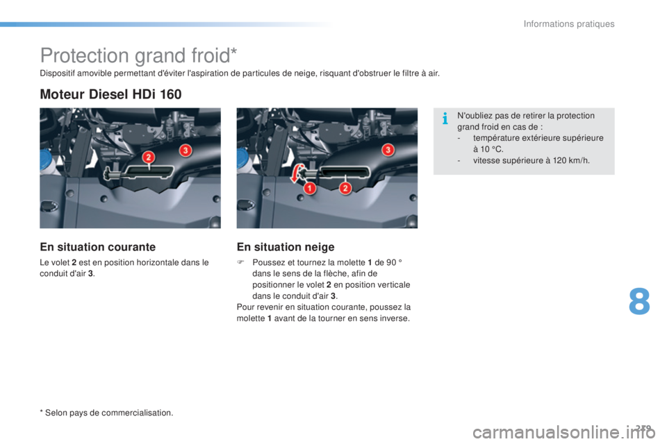 CITROEN C5 2016  Notices Demploi (in French) 219
Protection grand froid*
Moteur Diesel HDi 160
En situation courante
le volet 2 est en position horizontale dans le 
conduit d'air 3.
En situation neige
F Poussez et tournez la molette 1 de   9