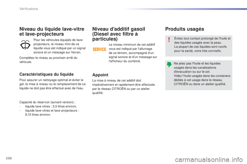 CITROEN C5 2016 Notices Demploi (in French) 230
Niveau d'additif gasoil
(Diesel avec filtre à
par ticules)
Appoint
la mise à niveau de cet additif doit
impérativement et rapidement être effectuée
par le réseau C
i
t
RoËn
ou par CITROEN C5 2016 Notices Demploi (in French) 230
Niveau d'additif gasoil
(Diesel avec filtre à
par ticules)
Appoint
la mise à niveau de cet additif doit
impérativement et rapidement être effectuée
par le réseau C
i
t
RoËn
ou par