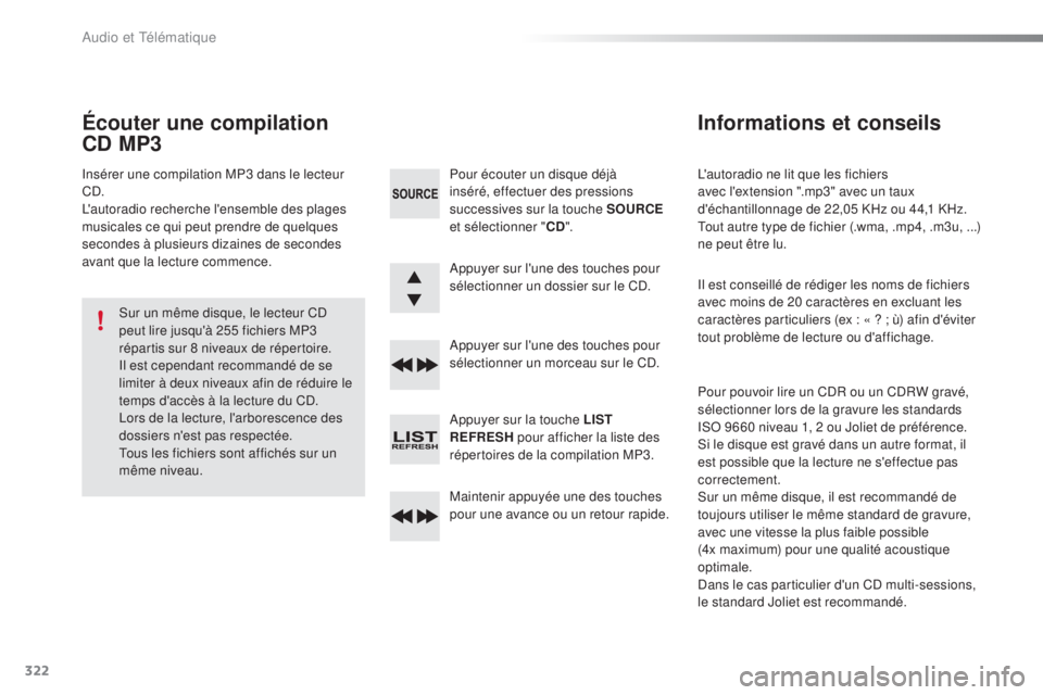 CITROEN C5 2016  Notices Demploi (in French) 322
l'autoradio ne lit que les fichiers 
avec l'extension ".mp3" avec un taux 
d'échantillonnage de 22,05 KHz ou 44,1 KHz. 
to
ut autre type de fichier (.wma, .mp4, .m3u,   ...) 
