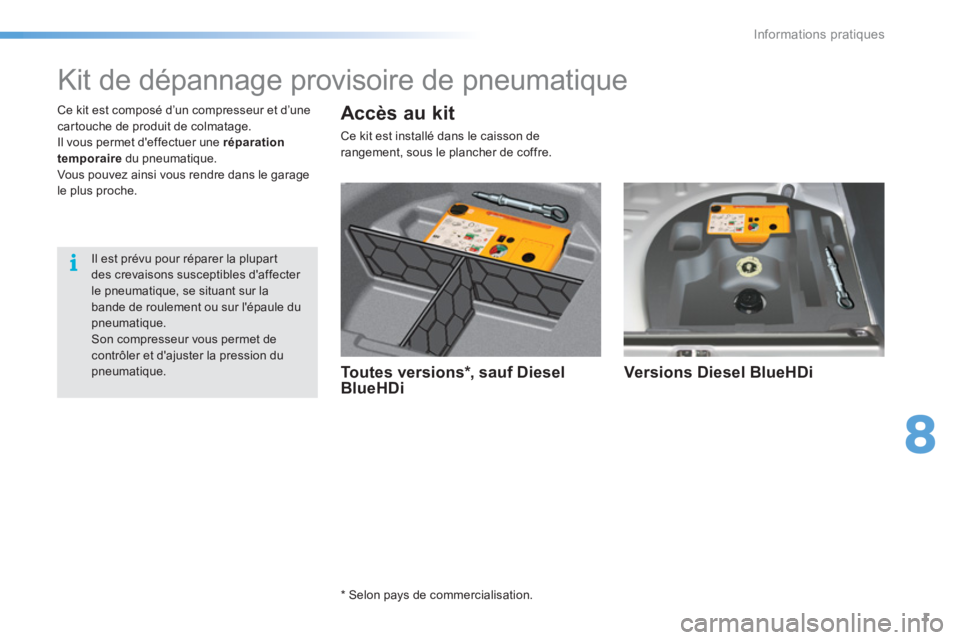 CITROEN C5 2016  Notices Demploi (in French) 8
Informations pratiques
1
   
 
 
 
 
 
 
 
 
 
 
 
Kit de dépannage provisoire de pneumatique 
 
 
 
To u t e s  v e r s i o n s  * , sauf Diesel 
BlueHDi     
Versions Diesel BlueHDi  
 
 
 
 
 
*