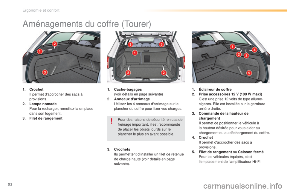CITROEN C5 2016  Notices Demploi (in French) 92
aménagements du coffre (tourer)
1. Crochet  
il p ermet d'accrocher des sacs à 
provisions.
2.
 L

ampe nomade  
 P

our la recharger, remettez-la en place 
dans son logement.
3.
 F

ilet de 