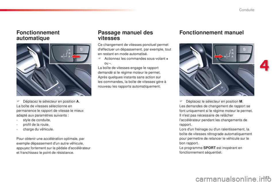 CITROEN C5 2015  Notices Demploi (in French) 113
Passage manuel des 
vitesses
Ce changement de vitesses ponctuel permet 
d'effectuer un dépassement, par exemple, tout 
en restant en mode automatisé.
F  a
c
 tionnez les commandes sous-volan