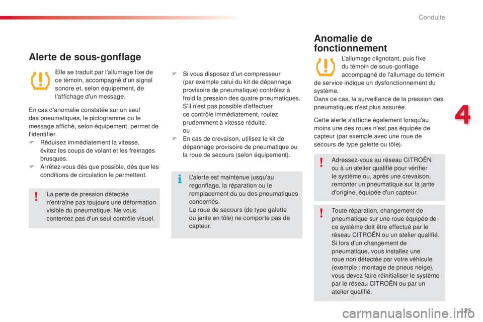 CITROEN C5 2015  Notices Demploi (in French) 125
la perte de pression détectée 
n'entraîne pas toujours une déformation 
visible du pneumatique. n
e v
 ous 
contentez pas d'un seul contrôle visuel.
l'
 alerte est maintenue jusqu
