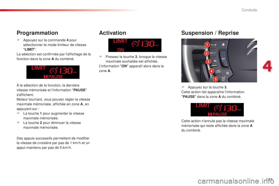 CITROEN C5 2015  Notices Demploi (in French) 129
F  appuyez sur la commande 4 pour sélectionner le mode limiteur de vitesse 
"LIMIT ".
la s

élection est confirmée par l'affichage de la 
fonction dans la zone A du combiné.
Activa
