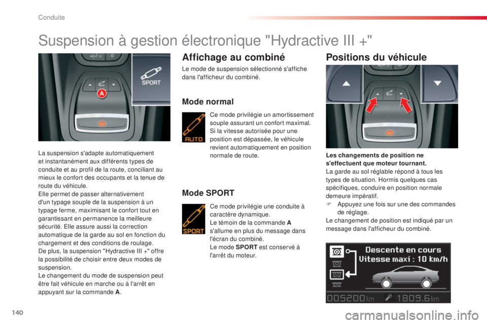 CITROEN C5 2015  Notices Demploi (in French) 140
suspension à gestion électronique "Hydractive iii + "
la suspension s'adapte automatiquement 
et instantanément aux différents types de 
conduite et au profil de la route, concilia