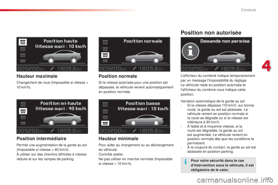 CITROEN C5 2015  Notices Demploi (in French) 141
Position non autorisée
l'afficheur du combiné indique temporairement 
par un message l'impossibilité du réglage.
le v
éhicule reste en position autorisée et 
l'afficheur du combi